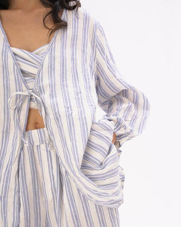 Baci Striped Crinkled Cotton-Linen Kimono Light Blue / White