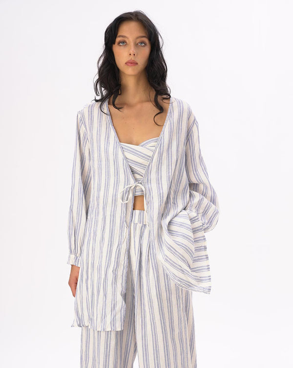 Baci Striped Crinkled Cotton-Linen Kimono Light Blue / White