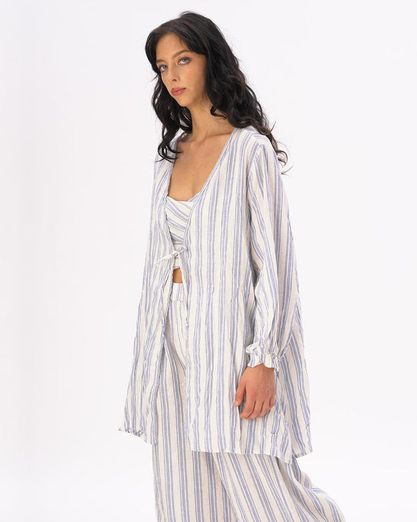 Baci Striped Crinkled Cotton-Linen Kimono Light Blue / White