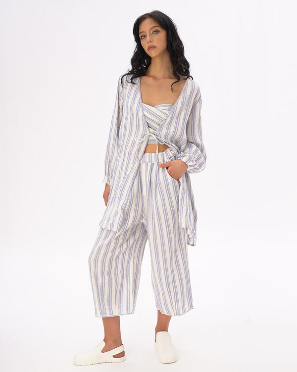 baci Striped Crinkled Cotton-Linen Kimono Light Blue / White