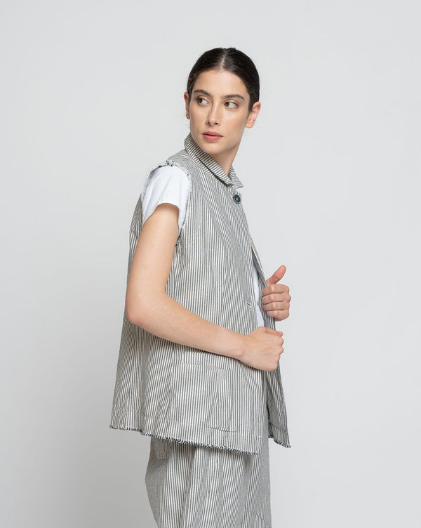 Baci Striped Seamed Button-Up Gilet Navy/Beige Thick