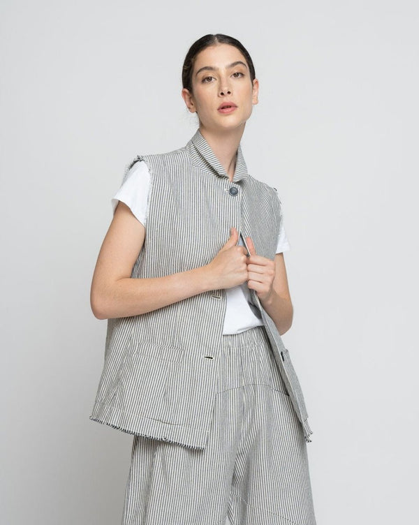 baci Striped Seamed Button-Up Gilet Navy/Beige Thick