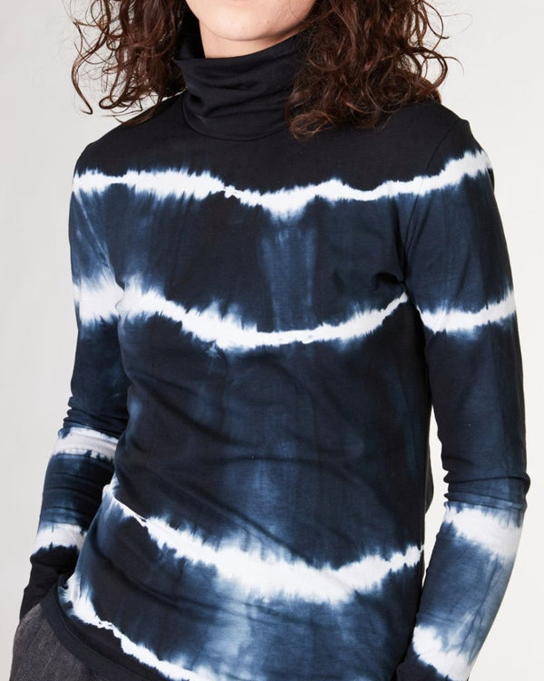 Baci Striped Tie-Dye Rolled Turtleneck Sweater Black