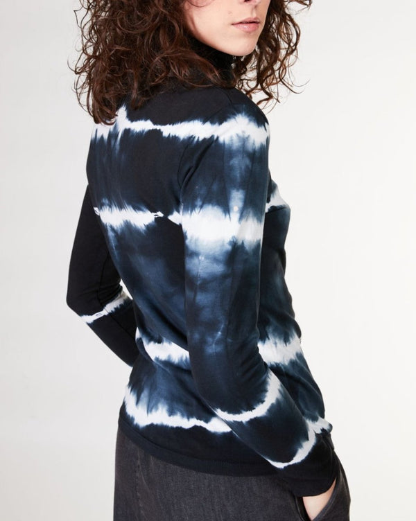 Baci Striped Tie-Dye Rolled Turtleneck Sweater Black