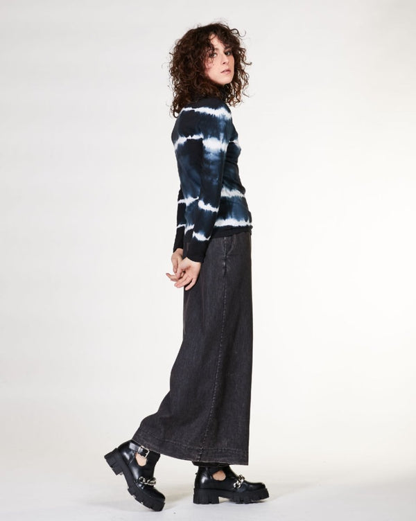 Baci Striped Tie-Dye Rolled Turtleneck Sweater Black