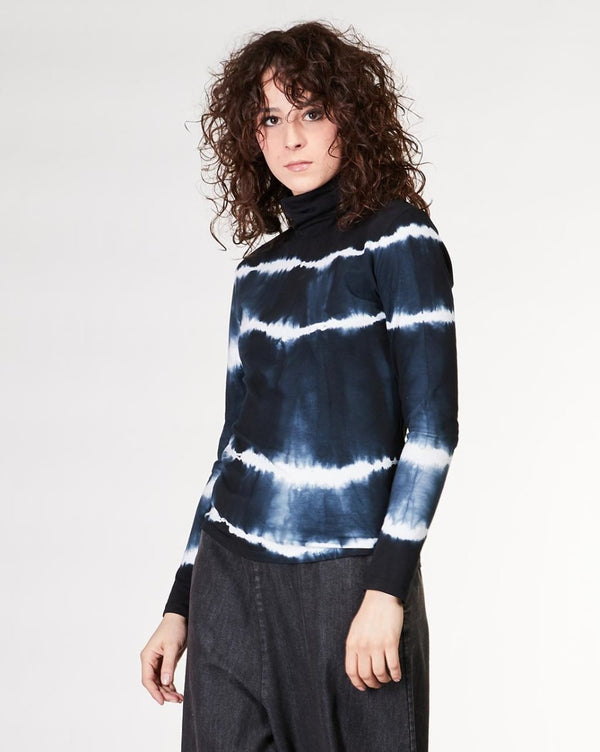 baci Striped Tie-Dye Rolled Turtleneck Sweater Black