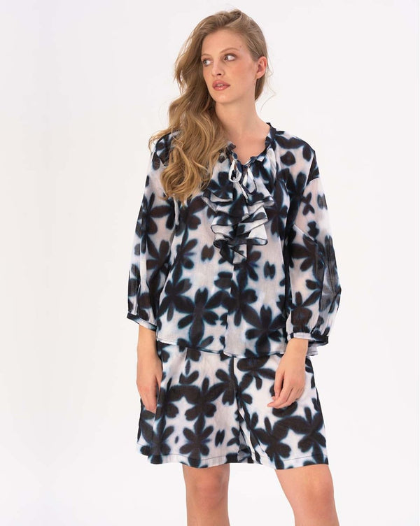 Baci Tie Neck Cotton Watercolor Big Floral Shirt Blue / White