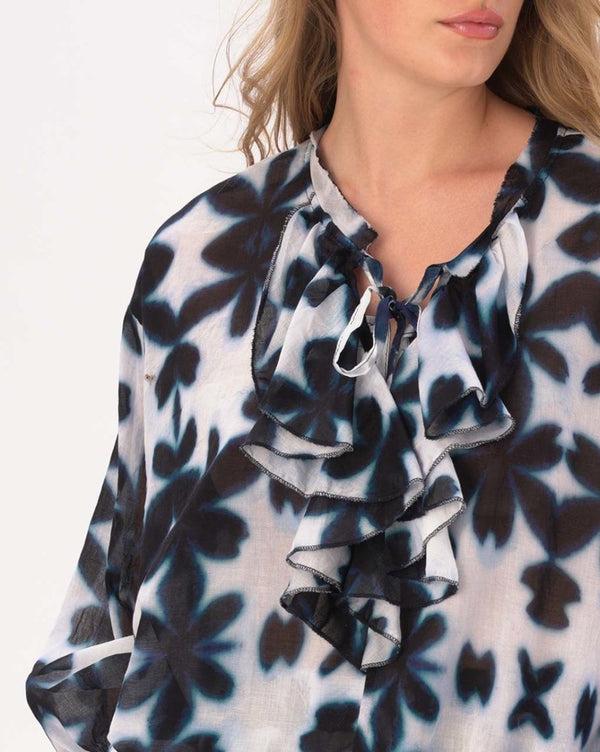 Baci Tie Neck Cotton Watercolor Big Floral Shirt Blue / White