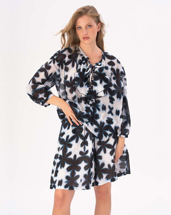 baci Tie Neck Cotton Watercolor Big Floral Shirt Blue / White