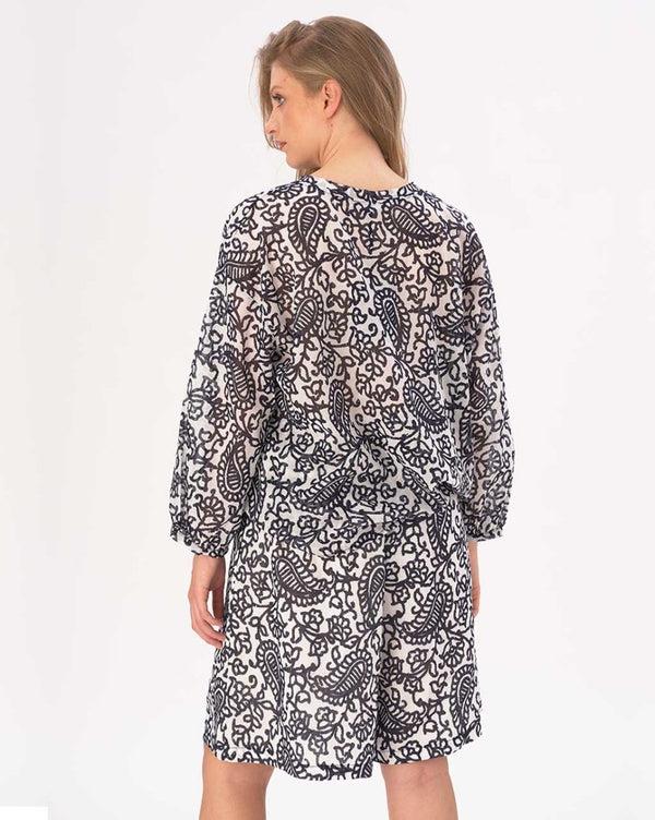 Baci Tie Neck Cotton Watercolor Paisley Floral Shirt Blue / White