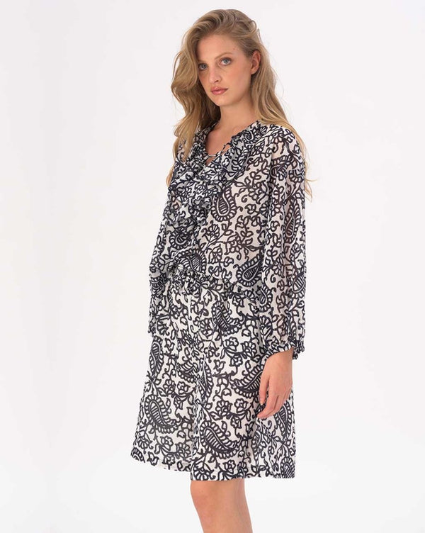 Baci Tie Neck Cotton Watercolor Paisley Floral Shirt Blue / White