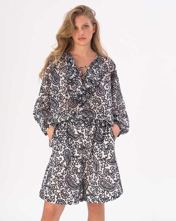 baci Tie Neck Cotton Watercolor Paisley Floral Shirt Blue / White