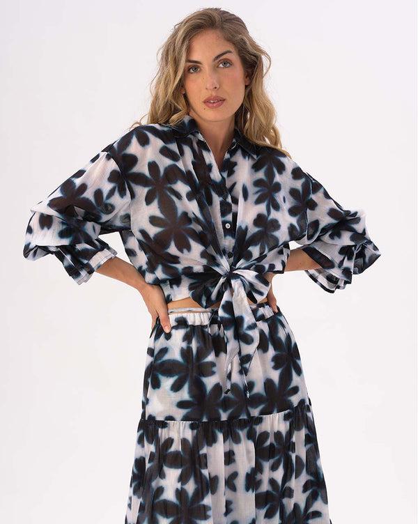 Baci Tie Waist Button Up Watercolor Big Floral Shirt Blue / White