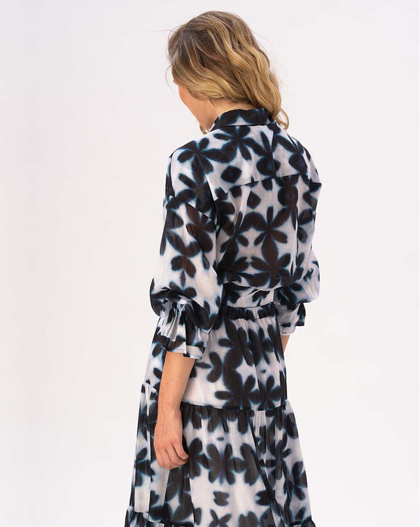 Baci Tie Waist Button Up Watercolor Big Floral Shirt Blue / White