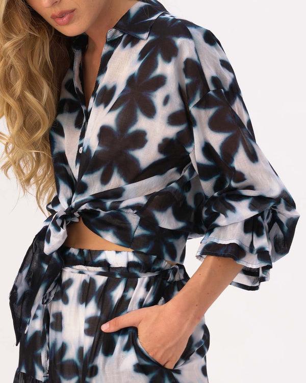 Baci Tie Waist Button Up Watercolor Big Floral Shirt Blue / White