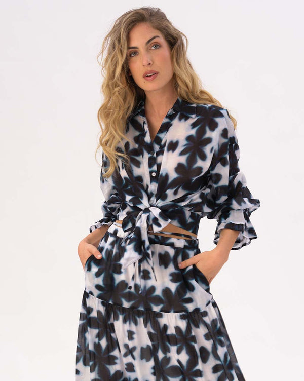 baci Tie Waist Button Up Watercolor Big Floral Shirt Blue / White