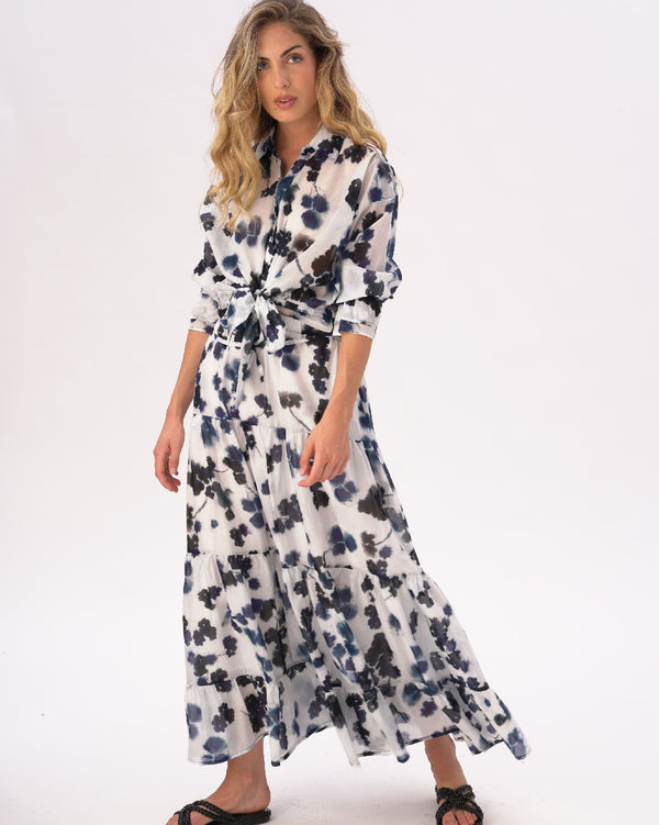 Baci Tie Waist Button Up Watercolor Small Floral Shirt Blue / White