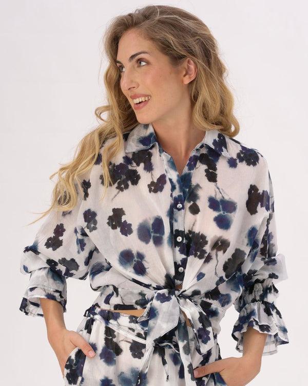 baci Tie Waist Button Up Watercolor Small Floral Shirt Blue / White