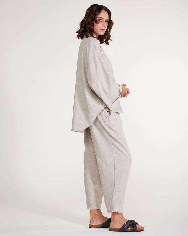 Baci Upcycled Linen Pleat Back Hi-Lo Button-Up Shirt Beige