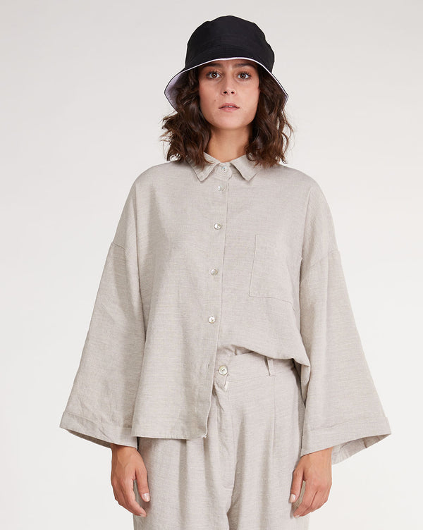 baci Upcycled Linen Pleat Back Hi-Lo Button-Up Shirt Beige