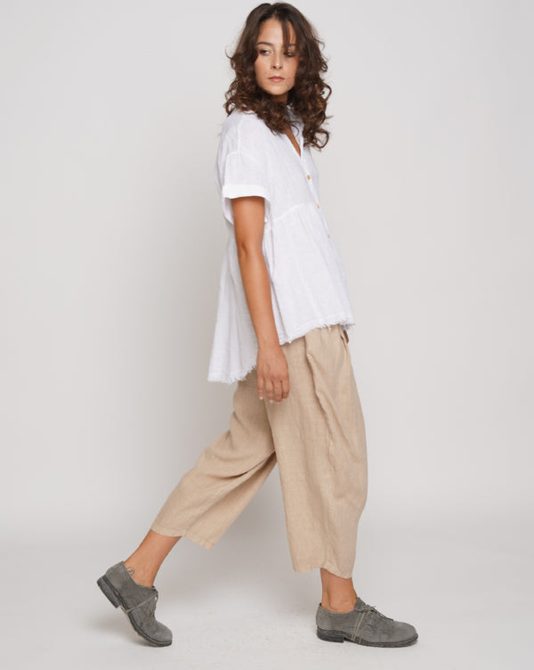 Baci Wash Dyed Tiered Short Sleeve Button-Up Shirt Beige