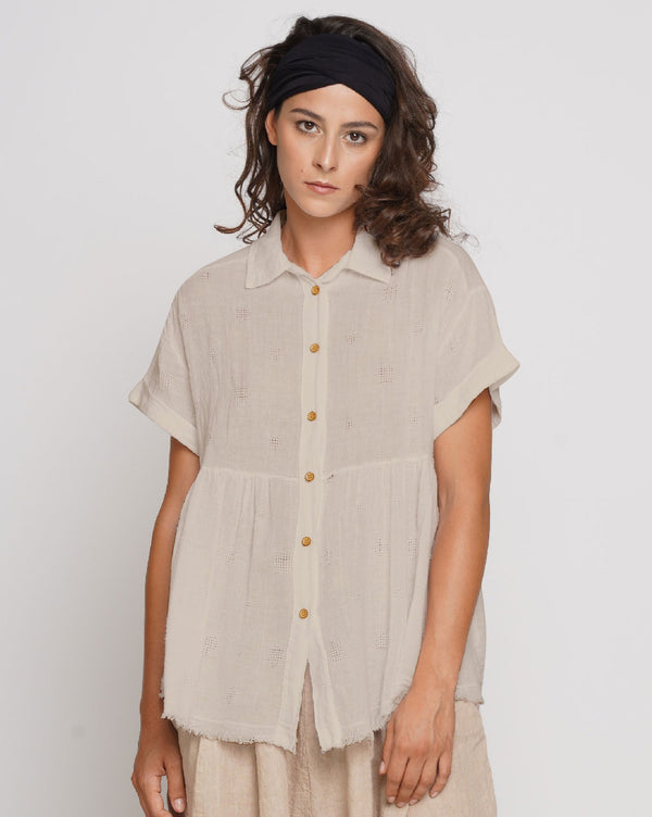 Baci Wash Dyed Tiered Short Sleeve Button-Up Shirt Beige