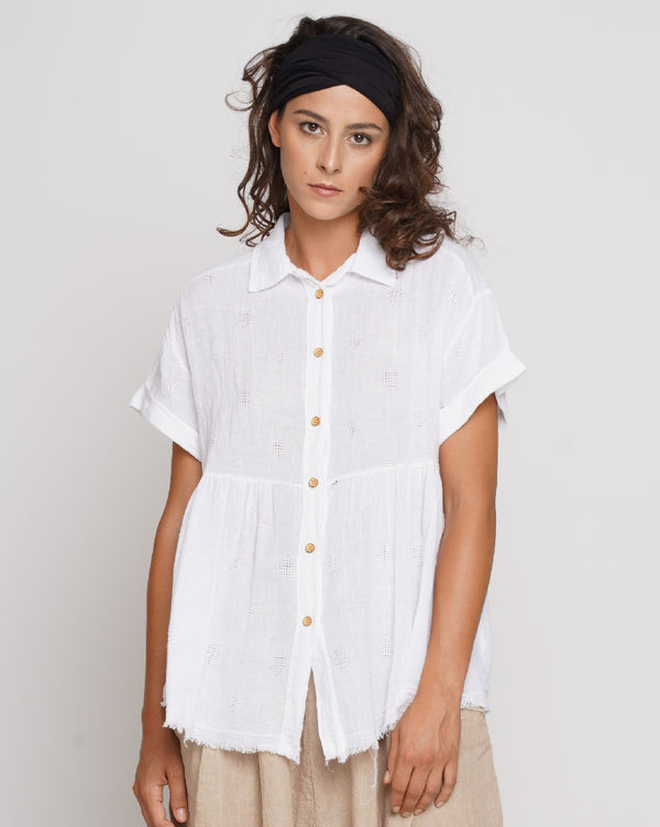 baci Wash Dyed Tiered Short Sleeve Button-Up Shirt Beige