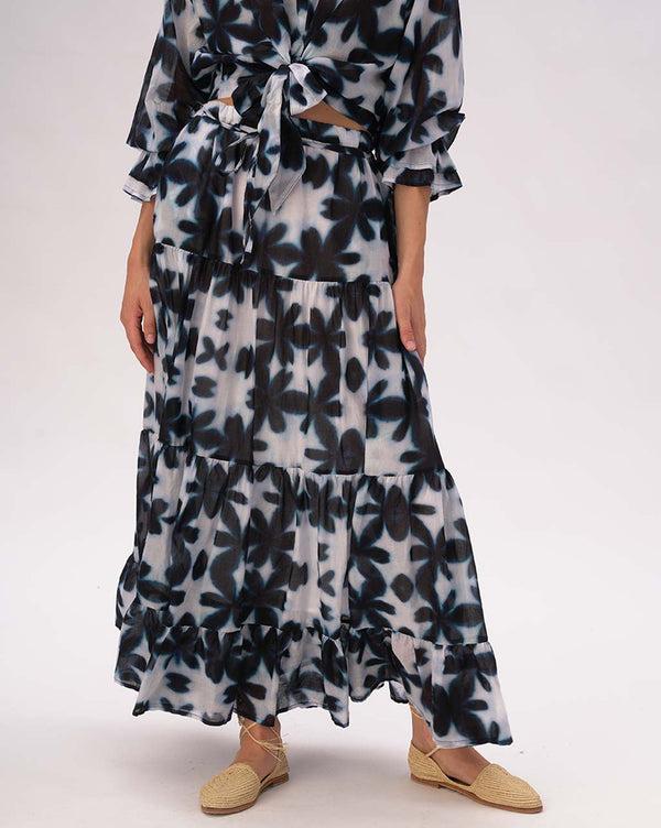 Baci Watercolor Big Floral Pleated Tiered Cotton Skirt Blue / White