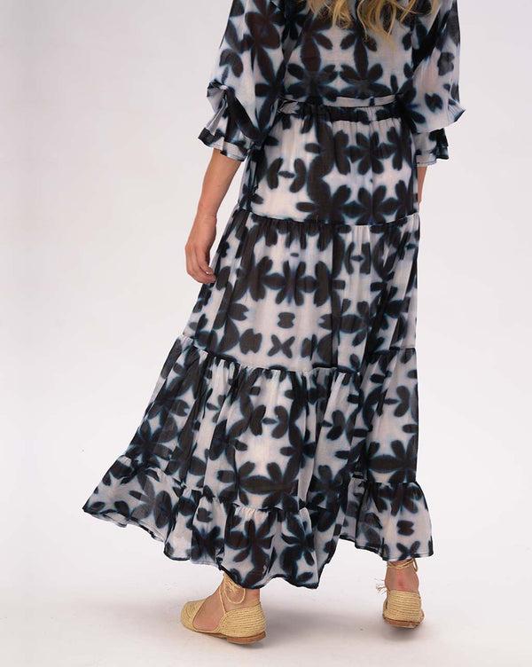 Baci Watercolor Big Floral Pleated Tiered Cotton Skirt Blue / White