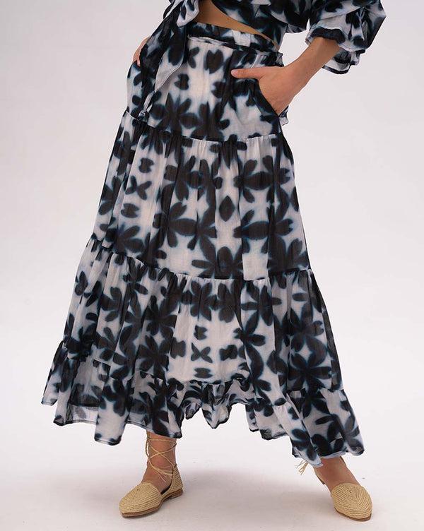 baci Watercolor Big Floral Pleated Tiered Cotton Skirt Blue / White