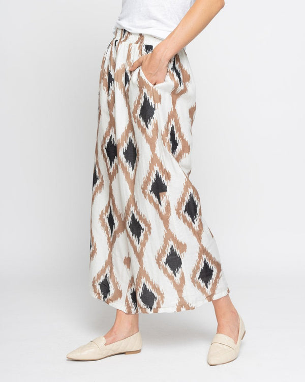 Baci Watercolor Geo-Diamond Elastic Palazzo Pant White/Brown