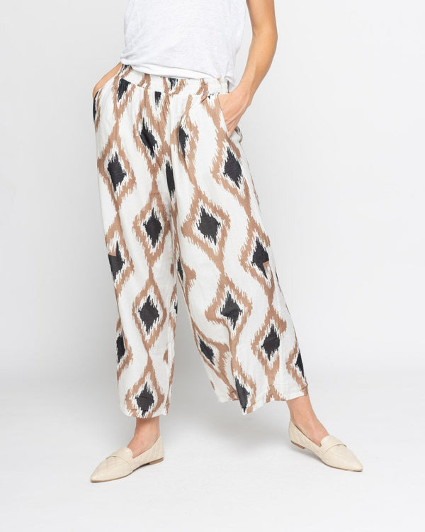 baci Watercolor Geo-Diamond Elastic Palazzo Pant White/Brown