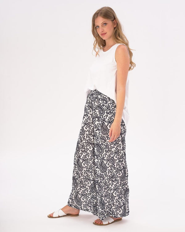 Baci Watercolor Paisely Floral Elastic Waist Cotton Palazzo Pants Blue / White