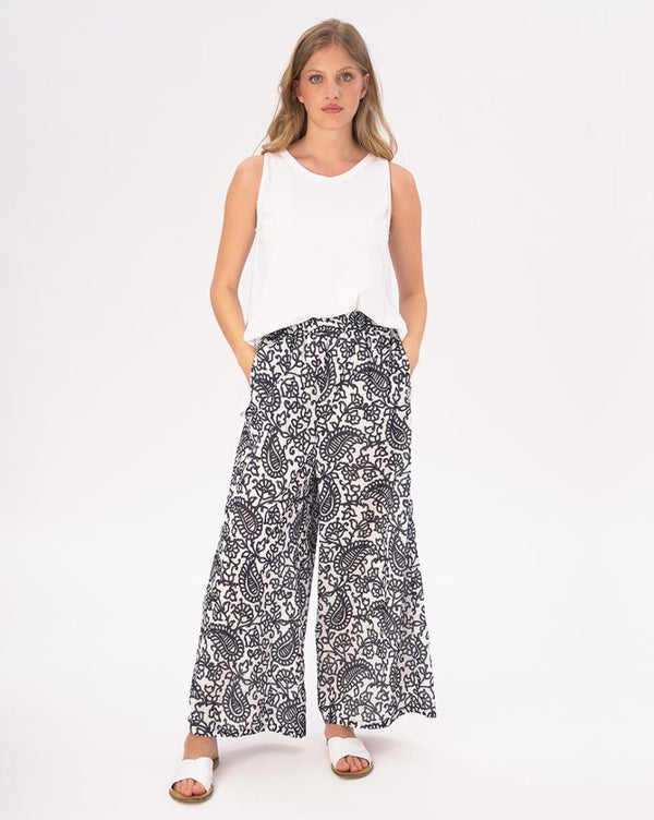 Baci Watercolor Paisely Floral Elastic Waist Cotton Palazzo Pants Blue / White