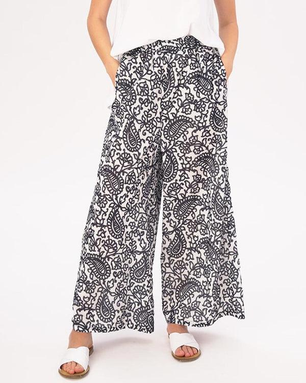 baci Watercolor Paisely Floral Elastic Waist Cotton Palazzo Pants Blue / White