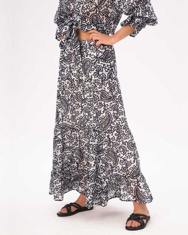 Baci Watercolor Paisely Floral Pleated Tiered Cotton Skirt Blue / White