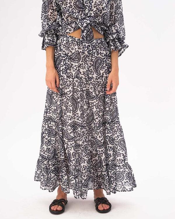 Baci Watercolor Paisely Floral Pleated Tiered Cotton Skirt Blue / White