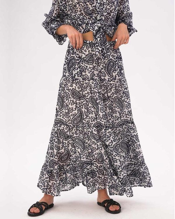 baci Watercolor Paisely Floral Pleated Tiered Cotton Skirt Blue / White