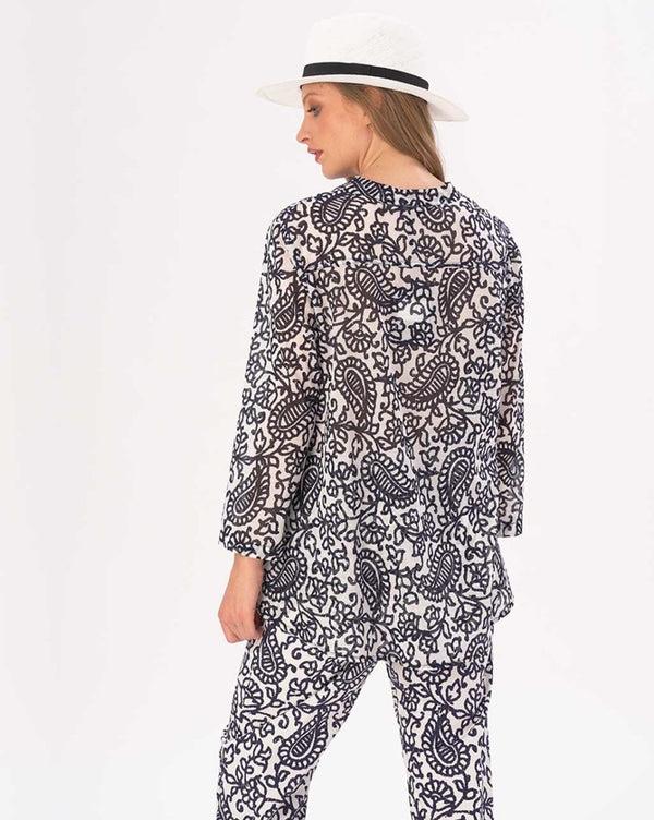 Baci Watercolor Paisley Floral Band Collar Buttoned Blouse Blue / White