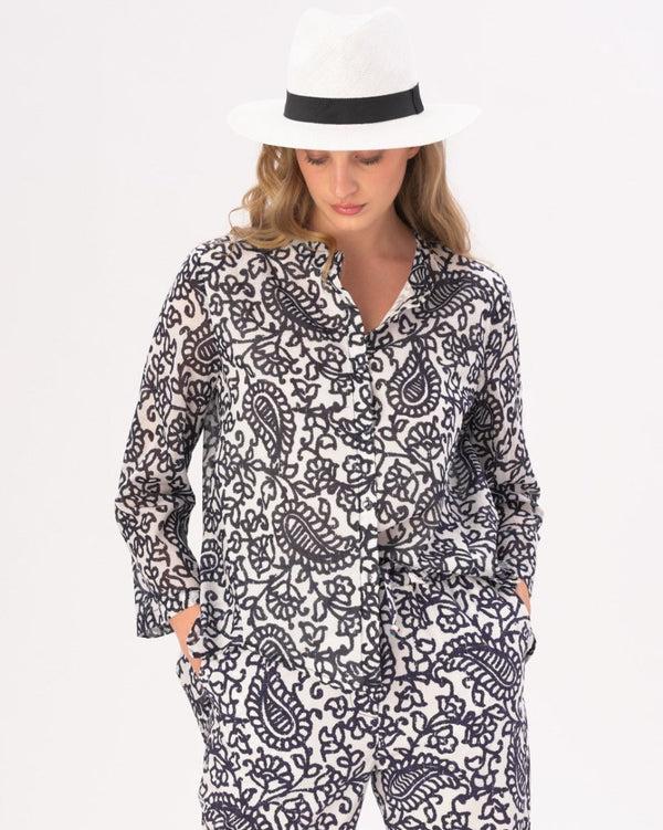 baci Watercolor Paisley Floral Band Collar Buttoned Blouse Blue / White