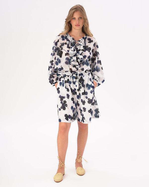 Baci Watercolor Small Floral Elastic Drawstring Cotton Shorts Blue / White