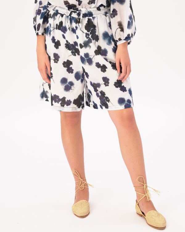 baci Watercolor Small Floral Elastic Drawstring Cotton Shorts Blue / White