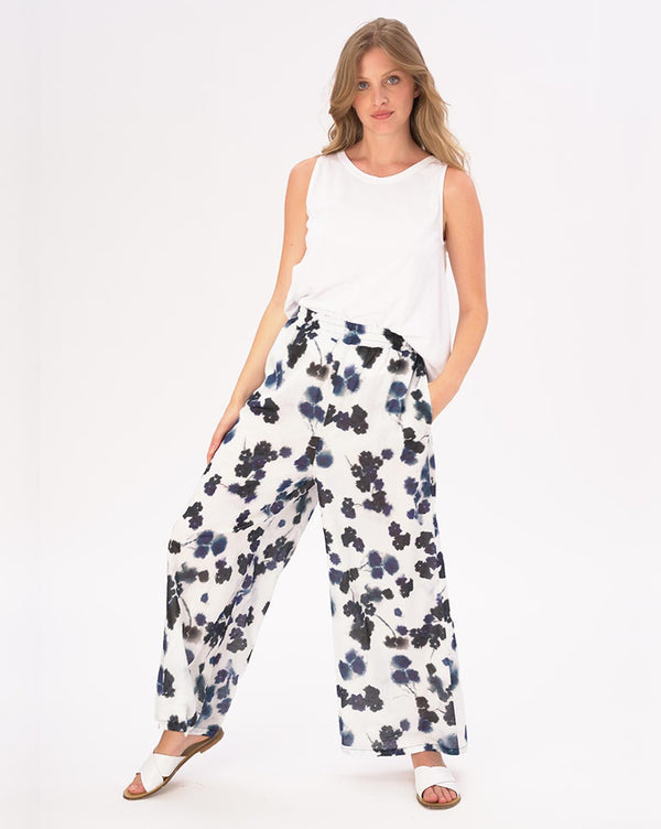 Baci Watercolor Small Floral Elastic Waist Cotton Palazzo Pants Blue / White