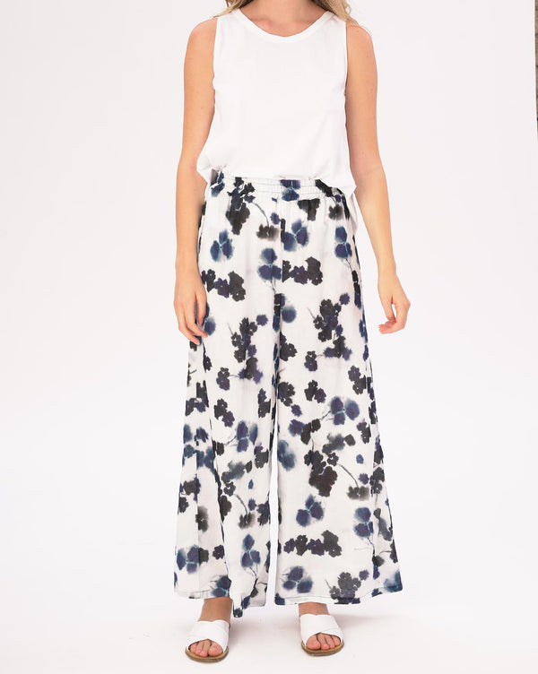 Baci Watercolor Small Floral Elastic Waist Cotton Palazzo Pants Blue / White