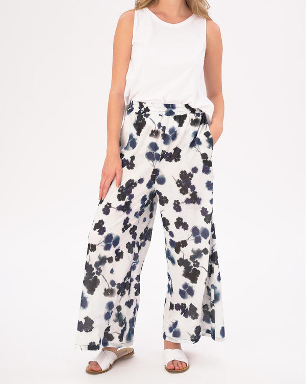 Baci Watercolor Small Floral Elastic Waist Cotton Palazzo Pants Blue / White