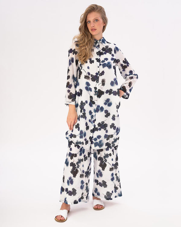 Baci Watercolor Small Floral Hi-Lo Cotton Button Shirtdress Blue / White