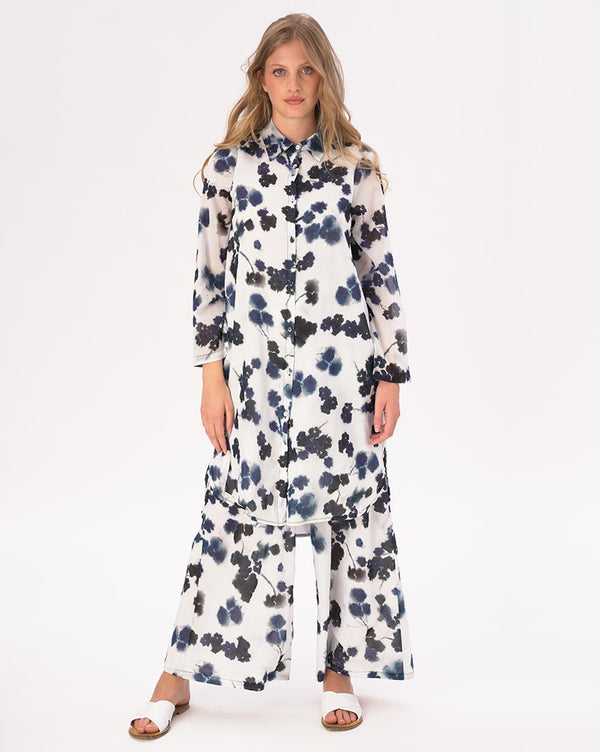 baci Watercolor Small Floral Hi-Lo Cotton Button Shirtdress Blue / White