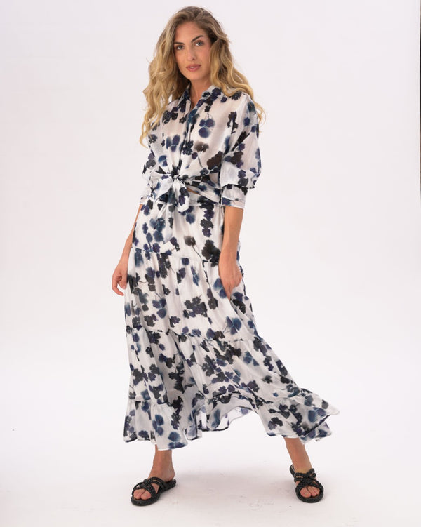 Baci Watercolor Small Floral Pleated Tiered Cotton Skirt Blue / White