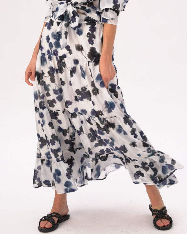 baci Watercolor Small Floral Pleated Tiered Cotton Skirt Blue / White