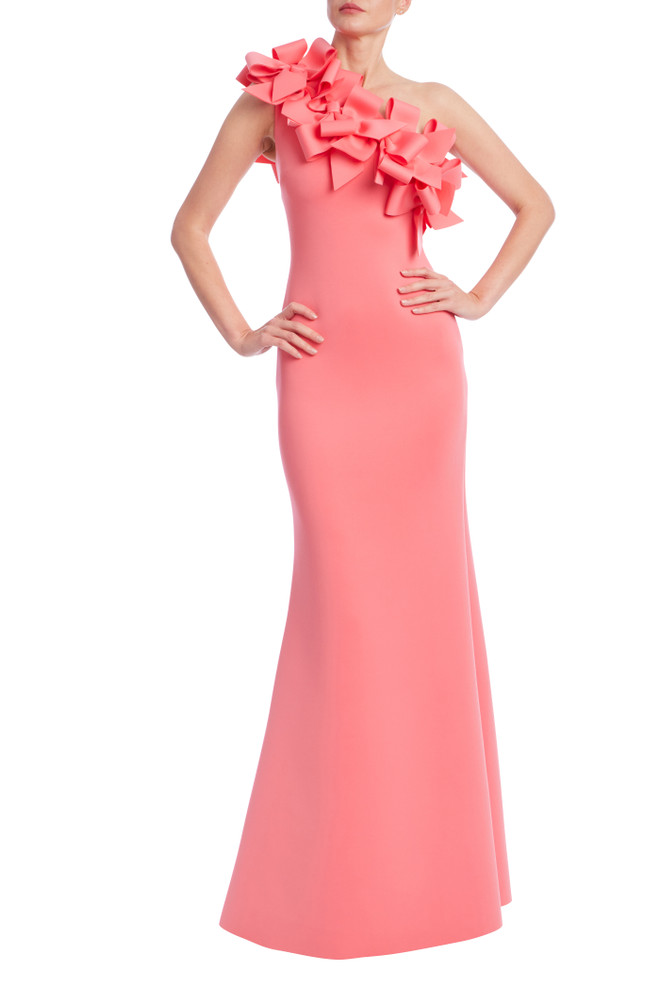 badgley mischka 3D Bow One Shoulder Column Gown